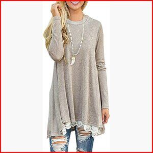 Long Sleeve Lace Hem Tunic Blouse for Leggings, Casual Loose Fit